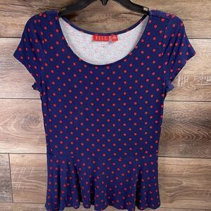 ELLE Ladies Polka Dot Blouse Top, Size Extra Small XS , Navy Blue with Red Dots